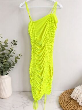 FashionKilla Neon Yellow Ruched Bodycon Midi Dress Spaghetti Strap Women’s Sz Sm